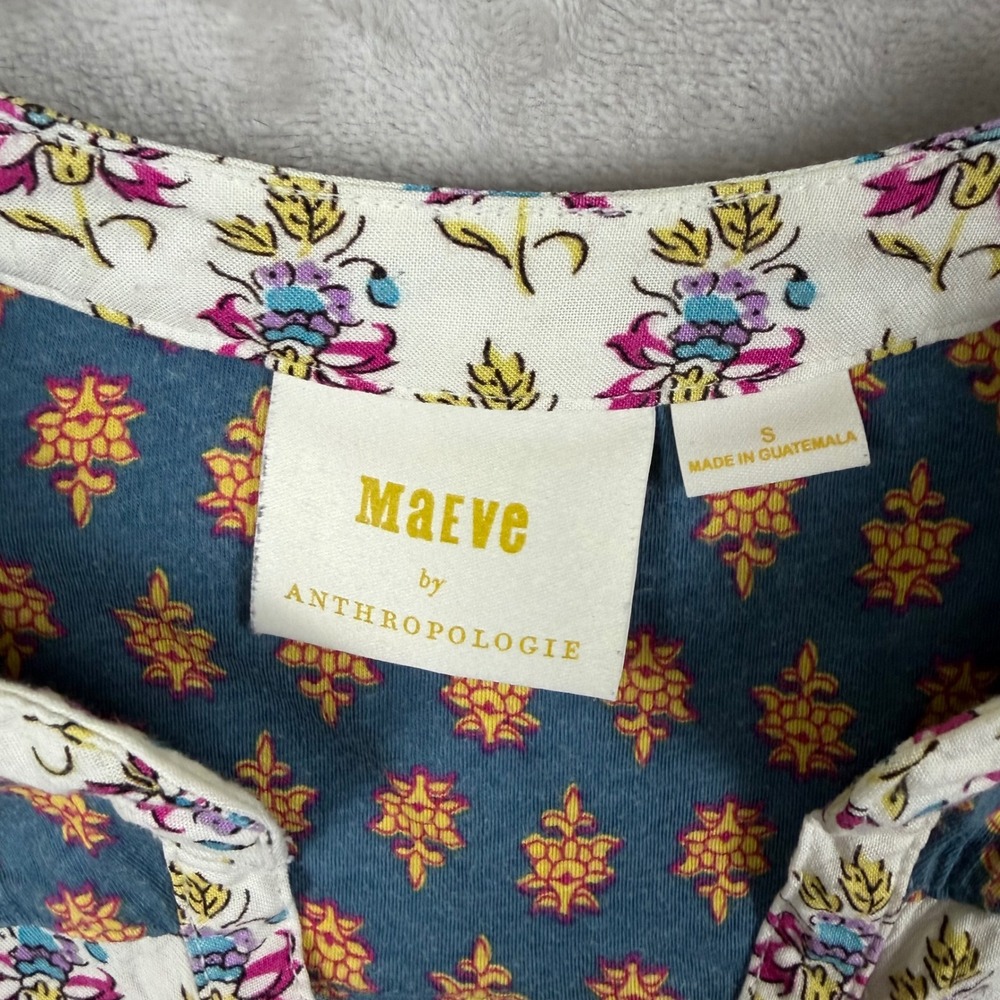 Anthropologie Maeve Top S Mixed Print Floral Damask Teal Orange 3/4 Sleeve Boho - Picture 3 of 7